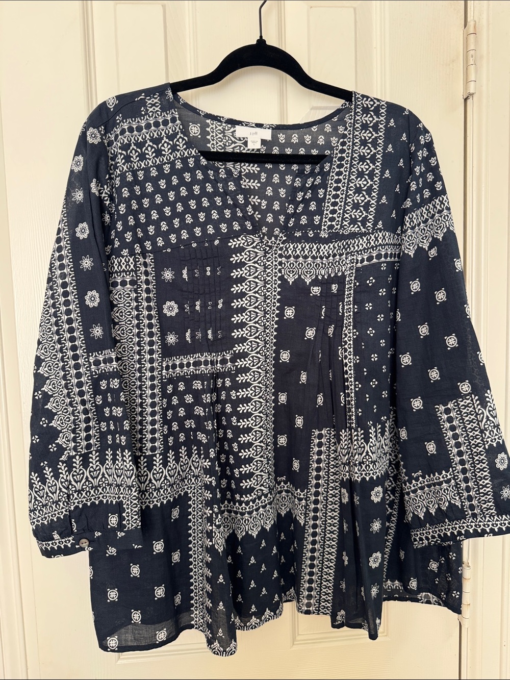 J. Jill Navy Blue and White Patchwork-Print 3/4 Shirt